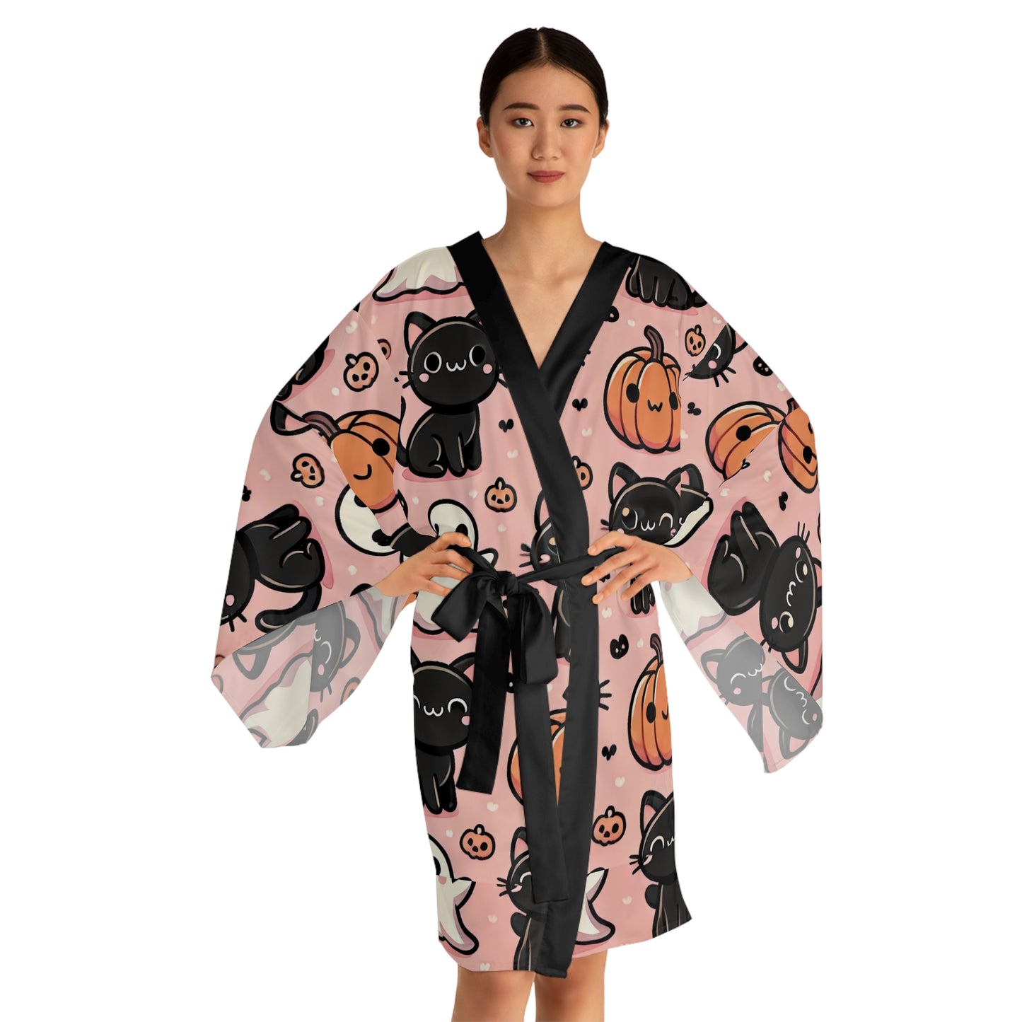 Cats, Ghost and Pumpkins Long Sleeve Kimono Robe (AOP)