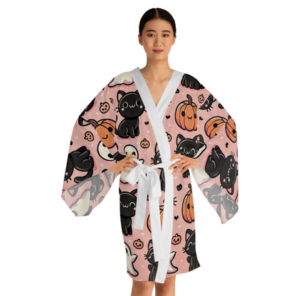 Cats, Ghost and Pumpkins Long Sleeve Kimono Robe (AOP)