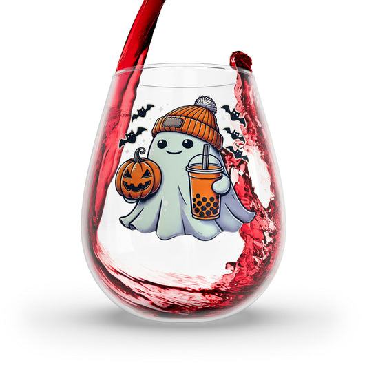 Spooky Ghost with a Beanie, Boba, and Pumpkin - The Ultimate Halloween Sidekick! - Stemless Wine Glass, 11.75oz