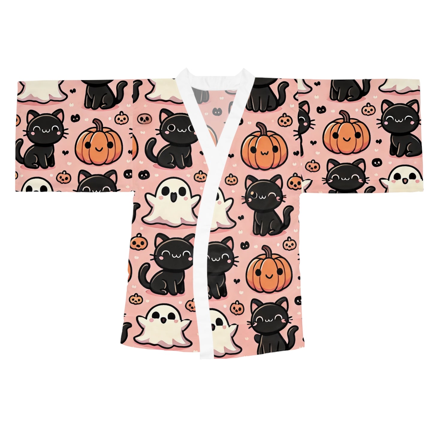 Cats, Ghost and Pumpkins Long Sleeve Kimono Robe (AOP)