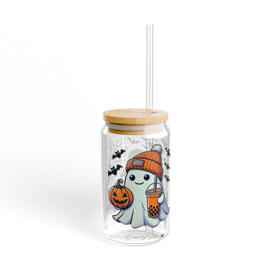 Ghost with Boba Tea and Pumpkin Cup - Sipper Glass, 16oz