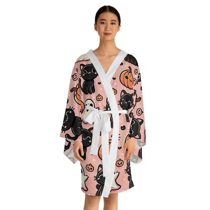 Cats, Ghost and Pumpkins Long Sleeve Kimono Robe (AOP)