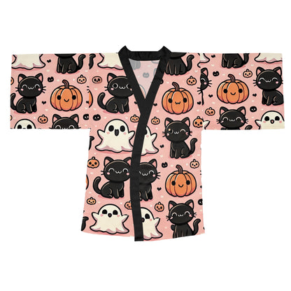 Cats, Ghost and Pumpkins Long Sleeve Kimono Robe (AOP)