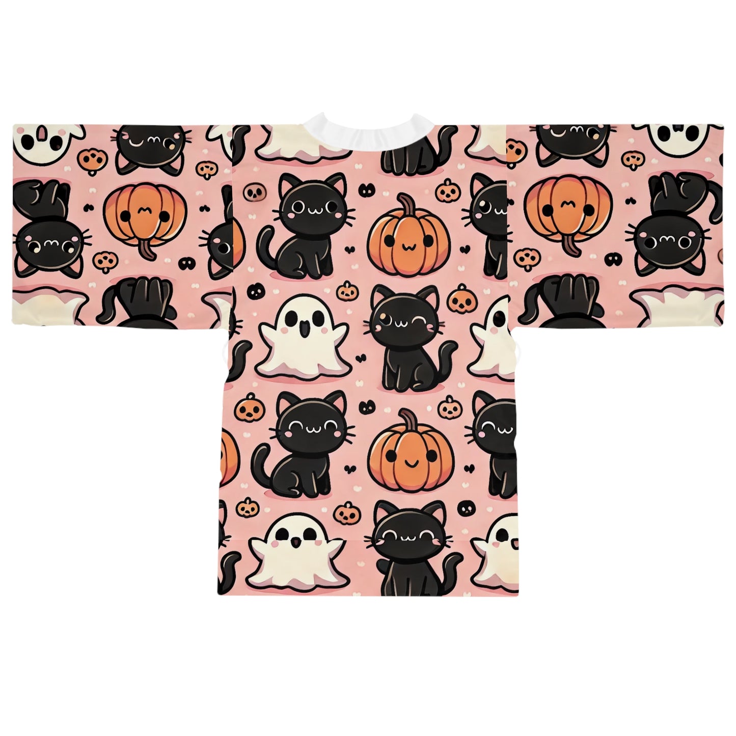 Cats, Ghost and Pumpkins Long Sleeve Kimono Robe (AOP)