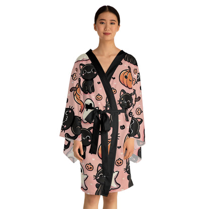 Cats, Ghost and Pumpkins Long Sleeve Kimono Robe (AOP)